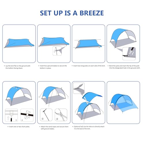 Beach Tent - Beach Shade Canopy Compact Fold (16.9x3.9″), Own Patent, 360° Ventilation, Large Side Storage Pocket, UV Prot...