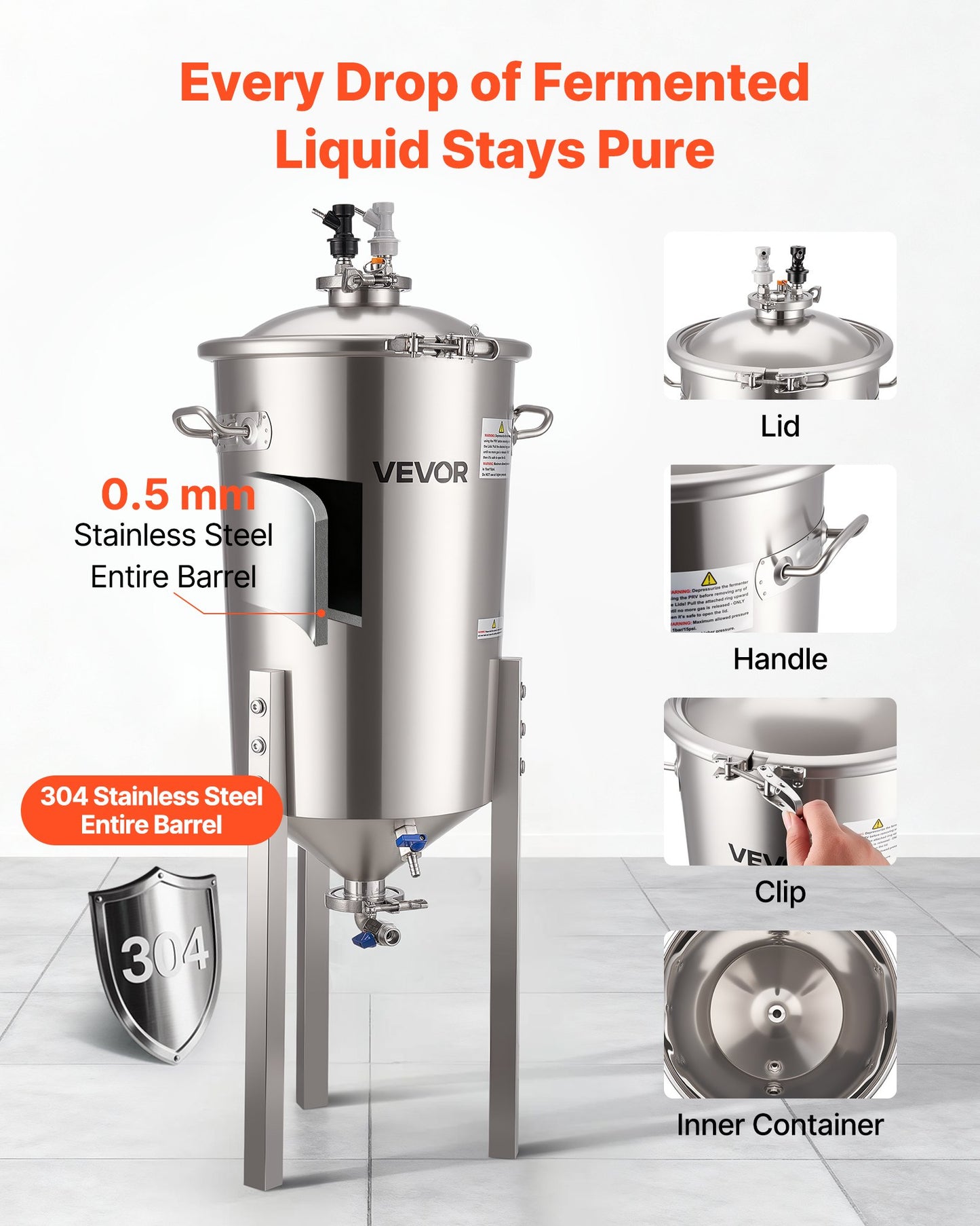 Pressure Fermenter 15 PSI, 8 Gal/30L All-in-One Stainless Steel Conical Secondary Fermentation Bucket, For Wine, Beer Brewing Equipment
