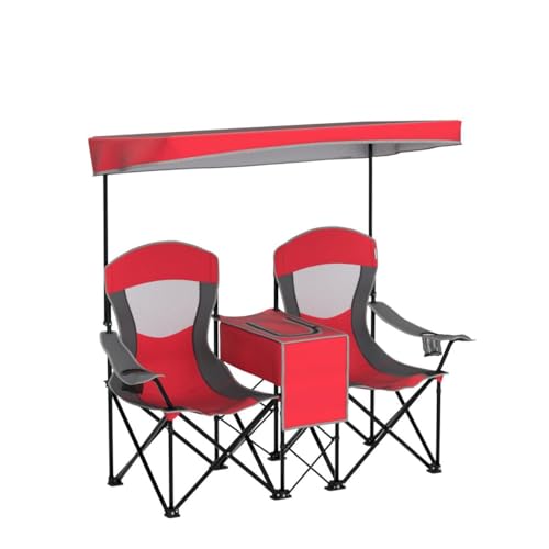 S AFSTAR Double Camping Chair w/Shade Canopy, 2-Person Folding Camp and Beach Chair with Mini Table Beverage Cup Holder Ca...