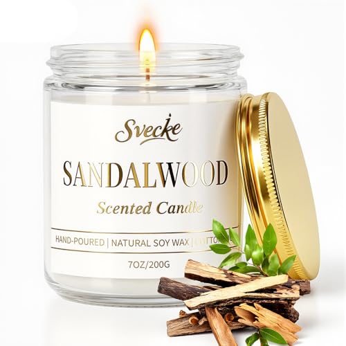 SVECKE Sandalwood Scented Candle 7oz Soy Wax Jar Candle Long Burning Aromatherapy Candle for Home Bedroom Gift for Women M...