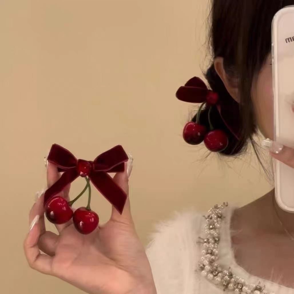 New Year Red Cherry Hair Accessories Velvet Bow