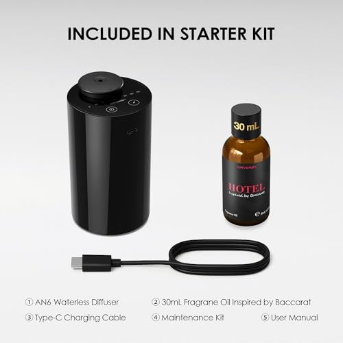 Airversa Waterless Essential Oil Diffuser Starter Kit with 30mL Hotel Fragrance Oil Inspired by BaCRT, Battery Operated Ca...