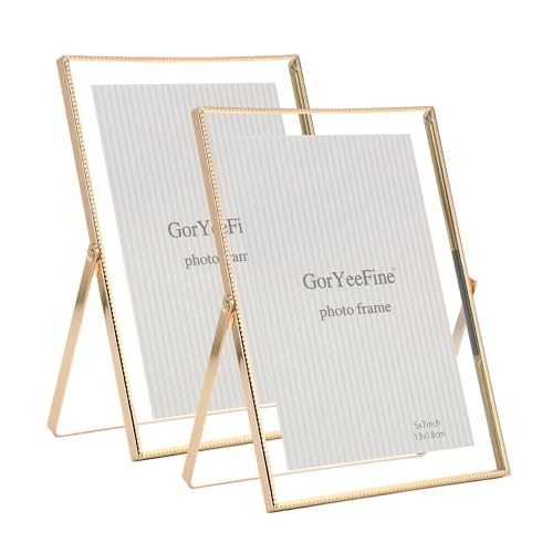 Gold 5x7'' Floating Frame Set of 2, For Photo Sizes (3.5 x5'', 4x 6'' up to 5x7'' ), Beautiful Metal Lace Edge Frames Adju...