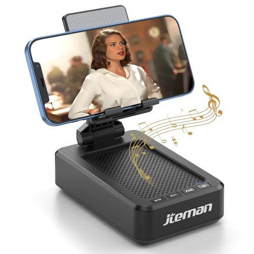 JTEMAN Cell Phone Stand with Bluetooth Speaker, HD Stereo Sound & Anti-Slip Base, Foldable Adjustable Desktop Phone Holder...