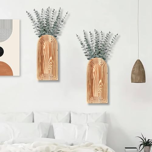 Dnnnii 2 Pack Wooden Wall Vase Set - Brown Finish Modern Farmhouse & Boho Wall Decor for Entryway, Hallway, Bathroom, Livi...