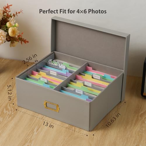 Photo Storage Box with Lid – Premium Faux Leather Organizer with Plastic Dividers, Holds Up to 1800 4x6 Photos, Memory Kee...