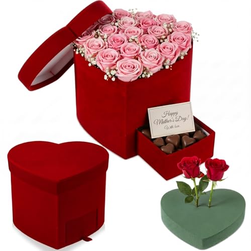 Tinlade Velvet Heart Shaped Gift Box with Lid & Drawer, Red Flower Box for Roses, Heart Treat Boxes for Mother's Day, Vale...