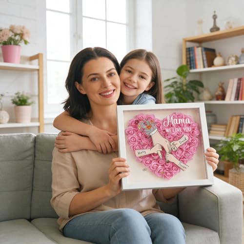 Personalized Mom Flower Shadow Box with Hands & Kids Names, - Customized Rose Frame Gift for Mom Grandma, Unique Mother's ...