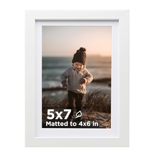 KINLINK 5x7 Picture Frame White, Wooden Photo Frame Matted 4x6 with Plexiglass for 4x6 with Mat or 5x7 without Mat for Tab...