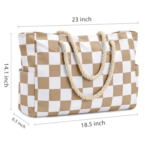 Becokan Beach Bags for Women Checkered Large Beach Tote Bag Zipper Beach Bags Waterproof Sandproof Canvas Swim Pool Bag