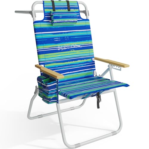 Tall Beach Chairs for Adults, 17" High Backpack Beach Chair with Wooden Armrests, 5 Positions Reclining Heavy Duty Chair w...