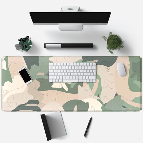 Green Simple Cat Desk Mat Sleeping Cute Long Cool Mouse Pad for Laptop Gaming Computer Keyboard Pad Office Decor Desk Pads...