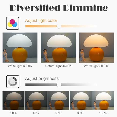 kvppvt Cute Small Mushroom Lamp, PE Lampshade, Ceramic Base, Adjustable Light Color and Brightness with Power-Off Memory, ...