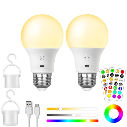 LED Rechargeable Light Bulbs With Remote ＆ Touch Dimmable, E26 Battery Operated Light Bulb for Lamps, RGB 12 Colors, 2600m...