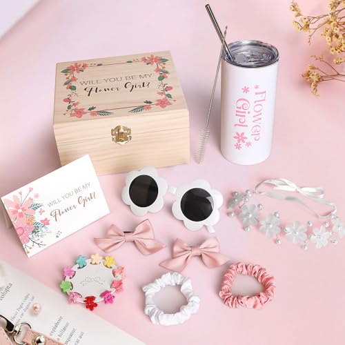 9Pcs Flower Girl Proposal Gift Set, Will You Be My Flower Girl Gift for Wedding Includes Tumbler Sunglasses Hair Accessory...
