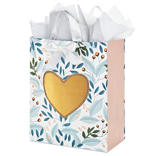 Hallmark 13" Large Gift Bag with Tissue Paper (Green Foliage, Gold Heart) for Weddings, Engagements, Anniversaries, Bridal...