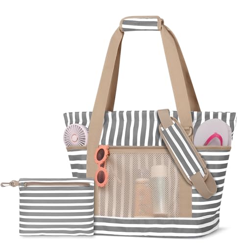 Fasrom Beach Bag for Women with Zipper, Waterproof Beach Tote with Wet Dry Compartment and Small Pouch for Pool, Swim, Travel