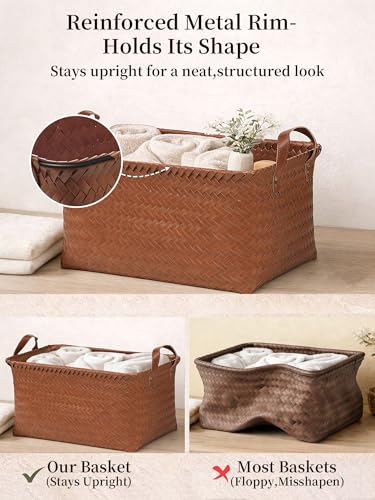 Panovox Hand Woven Baskets for Storage, 4Pcs Water-Resistant Wicker Baskets, Brown Wicker Storage Baskets for Shelves, Lar...