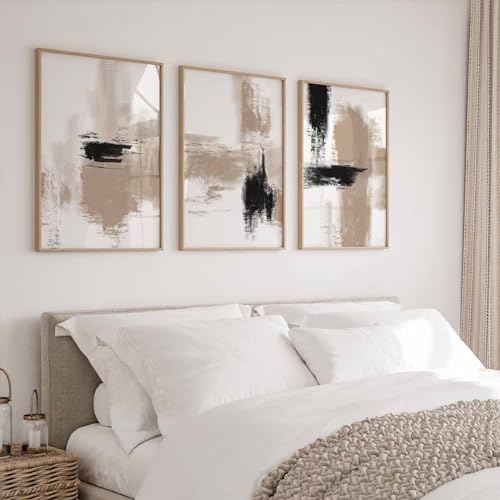 Joocrise Beige Abstract Wall Art Painting Set of 3 Neutral Canvas Wall Art Prints Black Beige Modern Wall Decor Minimalist...