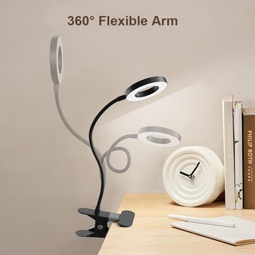 GARMESE LED Desk Lamp Clip on Light with 3 Color Modes 10 Brightness Ring/Clamp Light 360° Adjustable Neck Dimmable Eye Pr...