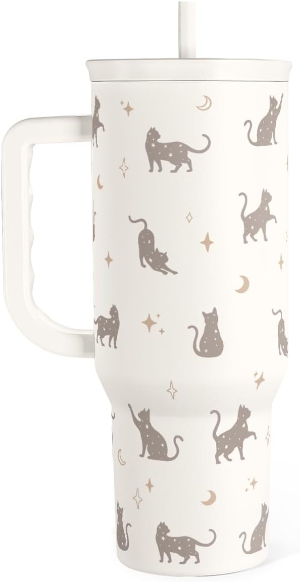 Gift for Cat Lovers Cat Mom – 40oz Stainless Steel Tumbler with Handle and Straw - Travel Coffee Mug for Women, Gift for B...
