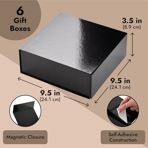 Stockroom Plus Gift Boxes with Lids - 9.5 x 9.5 x 3.5 In, 6-Pack Glossy Black Square - Magnetic Closure & Reusable Decorat...