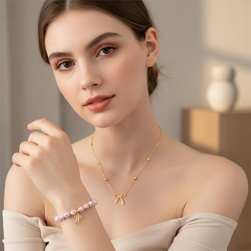 AUSGER Flower Beads Bow Charm Bracelet Necklace Set for Women, 14K Gold Beaded Gold Bow Bracelet Handmade Stretch Dainty R...