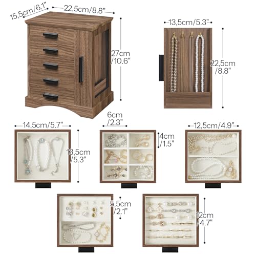HOOBRO Jewelry Box for Women, Jewelry Organizer with Arc-Shaped Bottom, Wooden Jewelry Box, Side Transparent Window, Verti...