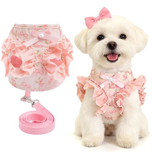 ABRRLO Small Dog Harness and Leash Set Soft Breathable Mesh No Pull Puppy Harness with Bowknot Adjustable Cute Pink Dog Ve...