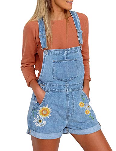 Vetinee Women's Classic Adjustable Straps Cuffed Hem Denim Bib Overalls Shorts