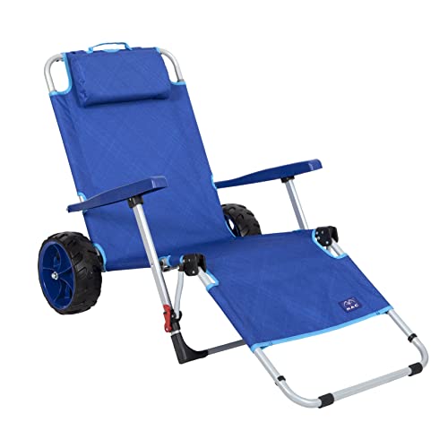 Mac Sports Beach Day Foldable Chaise Lounge Chair with Integrated Wagon Pull Cart Combination and Heavy Wheels - Perfect f...