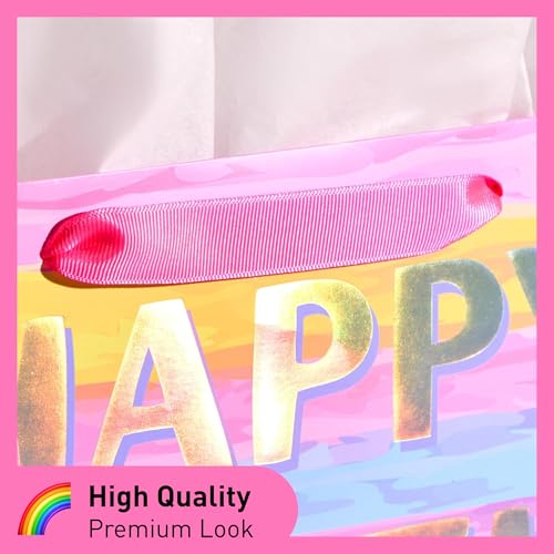 SUNCOLOR Large Happy Birthday Gift Bag with Tissue Paper & Card, 13 x 10.2 x 4.7 Inches Premium Paper Bag for Birthday, Ki...