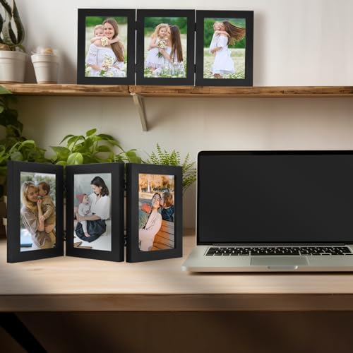Golden State Art, 5x7 Three Picture Frame Trifold Hinged Photo Frame with 3 Openings, Desk Top Family Picture Collage, wit...