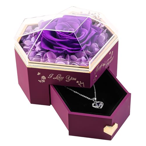 minstely Heart Shape Preserved Real Rose Box with Necklace, Forever I Love You Roses Gifts for Her, Eternal Flowers Gifts ...