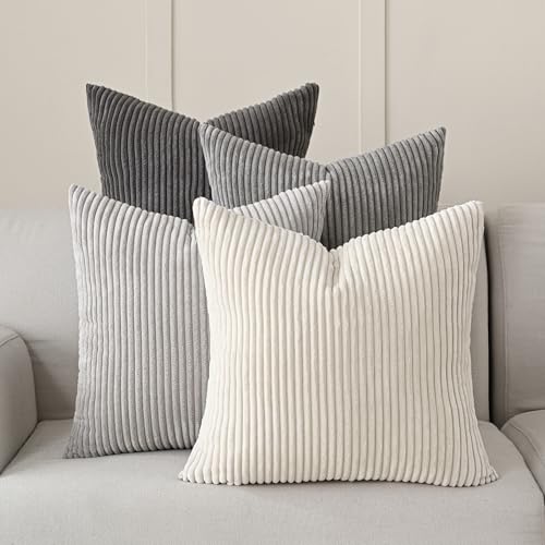 Volcanics Set of 4 Neutral Grey Corduroy Decorative Couch Throw Pillow Covers 18x18 Inch, Western Modern Farmhouse Striped...
