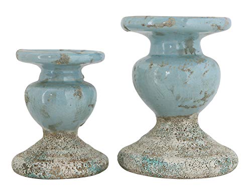 Creative Co-Op Small Distressed Blue Terracotta Pillar Candle Holder