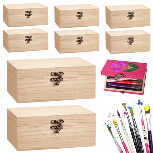 RHBLME 8 Pack Unfinished Wooden Boxes for Crafts, 8 x 4 x 2 Inch Wooden Box with Hinged Lid and Front Clasps, Unpainted Wo...
