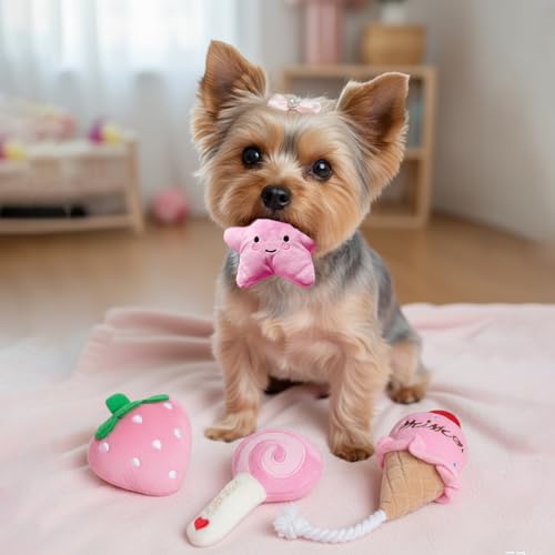 BMLTAQ Small Dog Toys, 4 Pack Pink Dog Squeak Toys, Puppy Toys for Small Dogs, Durable Plush Dog Toy Set, Soft Dog Chew To...