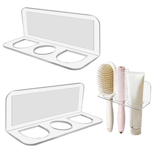 2-Pack Acrylic Hair Brush Holder Wall Mounted, Bathroom Organizer with Industrial Adhesive for Combs, Round Brushes, Hair ...