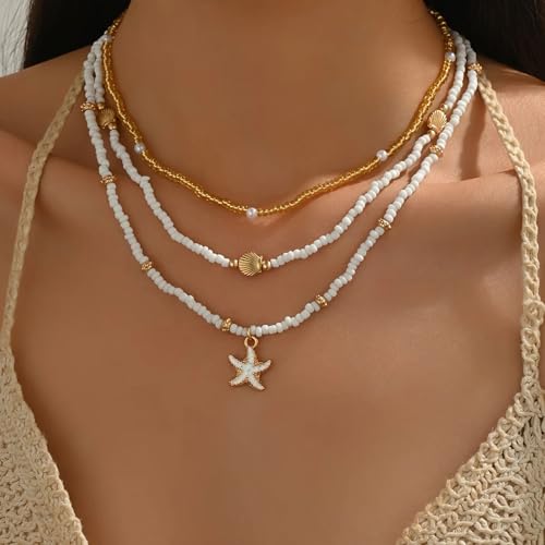 Shell Starfish Necklace for Women, 14k Gold Plated Boho Layered Beaded Charm Pendant Necklace, Dainty Adjustable Pearl Con...