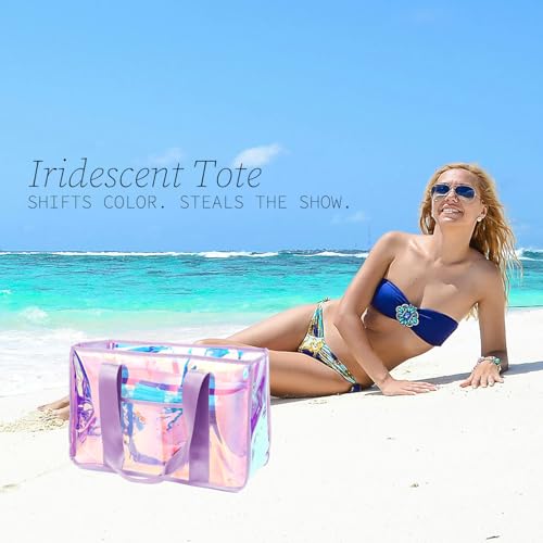 Fammart Iridescent Clear Beach Bags Waterproof Sandproof for Women, Large Jelly Tote Zipper Pool Bag Cruise Essentials 2026