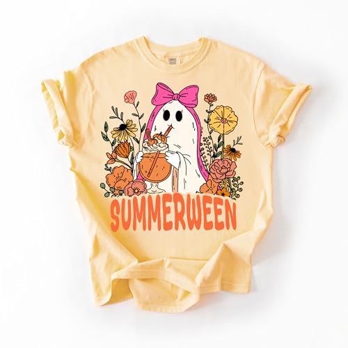 Summerween Ghost Design - Womens Comfort Colors - Butter Yellow Retro Halloween Floral Graphic Tee