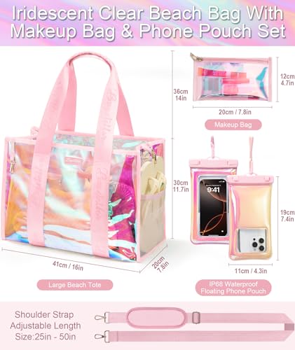 Bagstellar Iridescent Beach Tote Bags for Women, Large Zipper Beach Pool Swim Bag with Makeup Bag & Waterproof Phone Pouch...