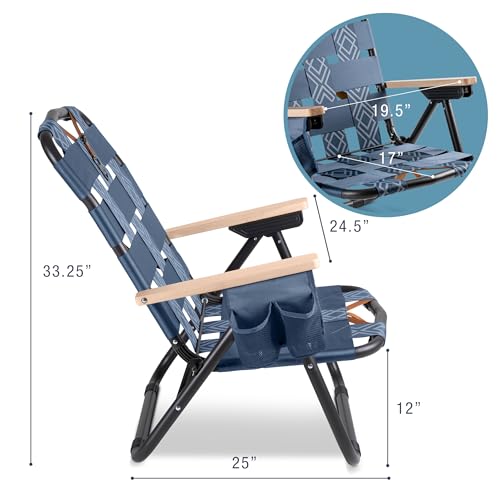CleverMade Kove Twilight Blue Beach Camping Chair, Hands Free Carrying Strap + Real Wood Handles & 2 Cup Holders, Foldable...
