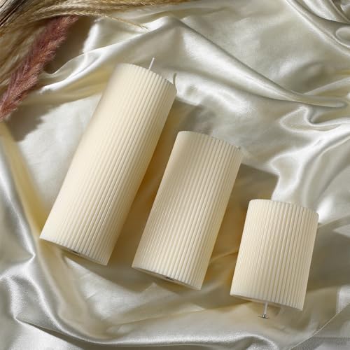 Conelist Ribbed Pillar Candles Set of 3, Width 3" High 4" 6" 8" Large Soy Wax Orchids Scented Pillar Candles Aesthetic Rib...