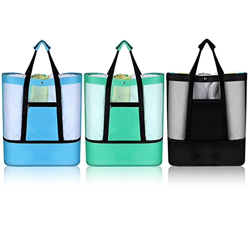 Oudain 3 Pcs Beach Bag with Cooler Mesh Beach Tote with Insulated Cooler and Pocket Waterproof Sandproof Beach Tote Bag Sw...