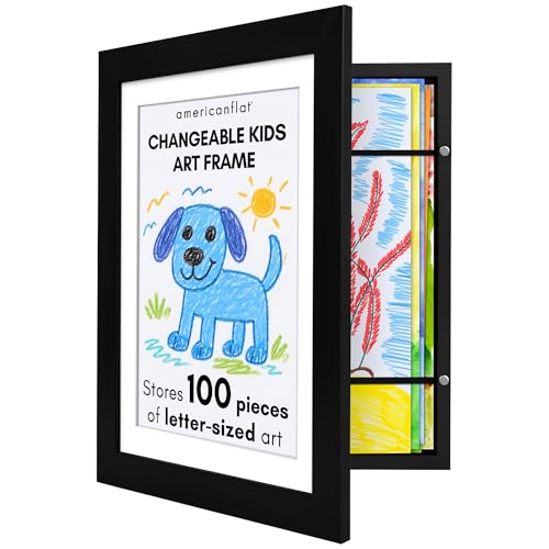 Americanflat Kids Artwork Frame Changeable (Black) - Magnetic Door Holds 100 Art Pieces - 8.5x11 Letter Size Display with ...