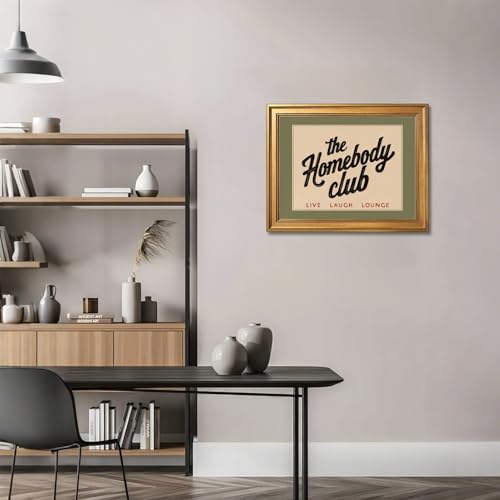 Ripiyome Gold Frame The Homebody Club Canvas Print Cozy Lifestyle Home Green Wall Art Vintage Typography Poster Painting A...