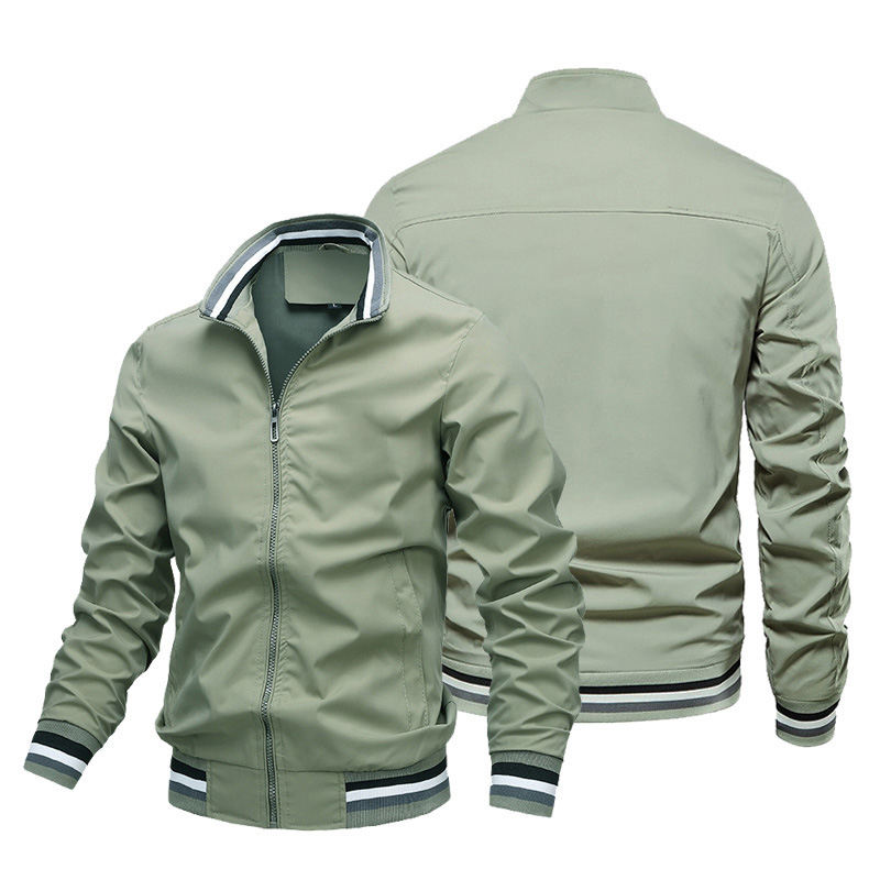2026 New Men Striped Rib Stand Collar Bomber Jacket Solid Black Zip Up Lightweight Windbreaker Striped Cuff Hem Casual Baseball Coat Outdoor Daily Streetwear Outerwear