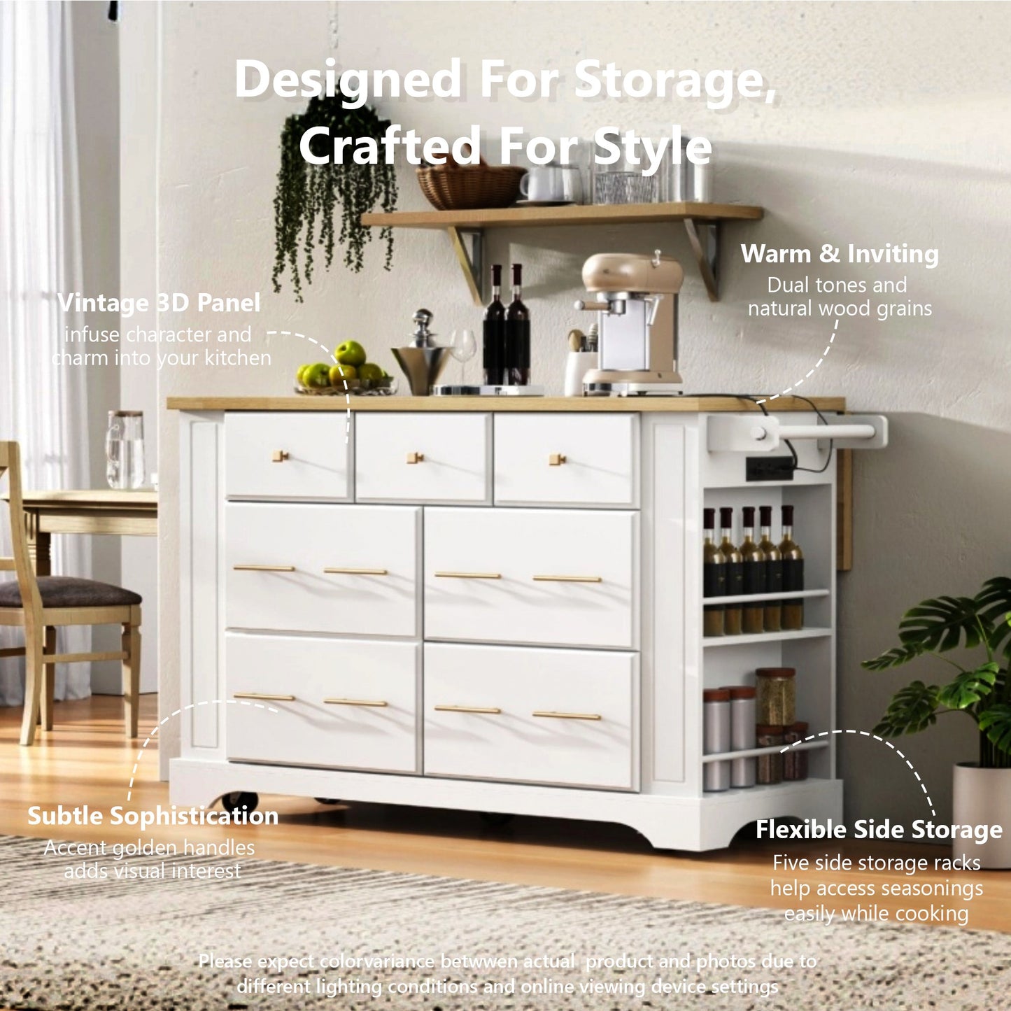 K&K Kitchen Island With 6 Drawers, Pull Out Trash Can Storage, Rolling Kitchen Island On 5 Wheels With Drop Leaf, Power Outlet, 5 Open Side Racks For Kitchen, Dining Room, White